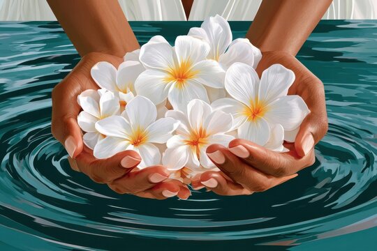 Hands holding white frangipani flowers over water for spa relaxation and tropical ritual