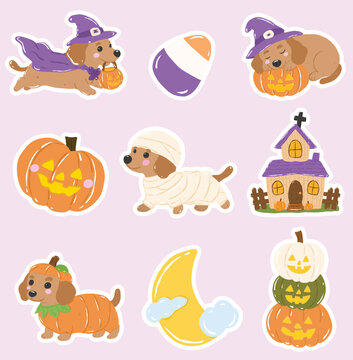Cute Dachshund dog Halloween sticker sheet pack set with witch costume, mummy dog, pumpkin, moon, and haunted house for printable die cut planner stickers