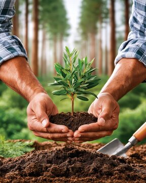 Hands planting tree seedling in soil close up