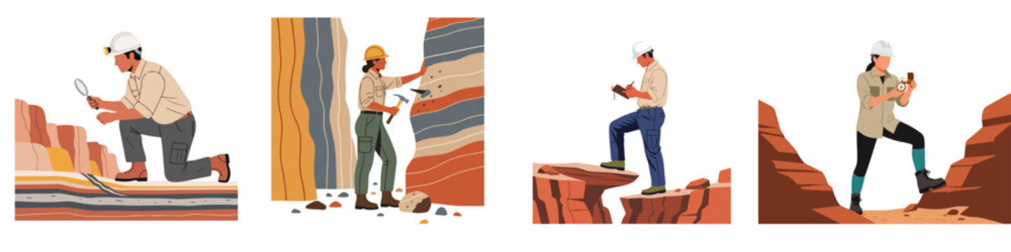 Set of flat vector illustrations depicting geologists conducting field research, exploring rock formations, and using various tools in a geological landscape.