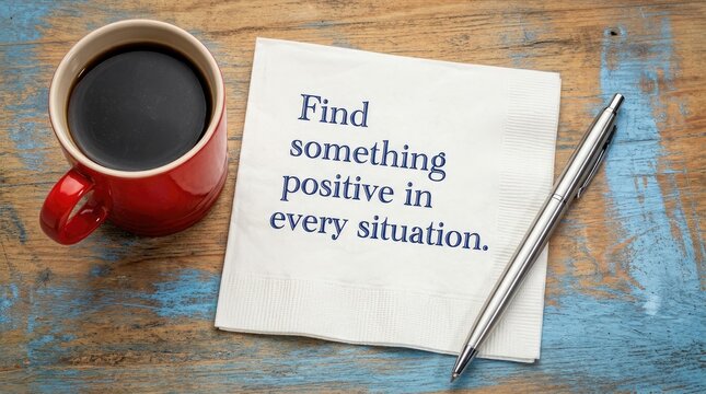 Inspirational quote on white napkin, motivational message find something positive in every situation, red coffee cup and pen on rustic wood table