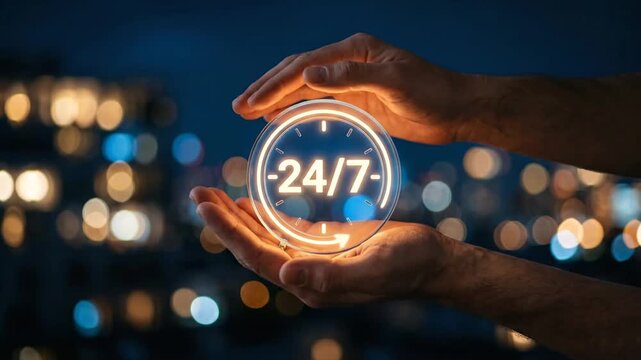 Hands Holding a Glowing Twenty Four Seven Service Icon Against City Lights
