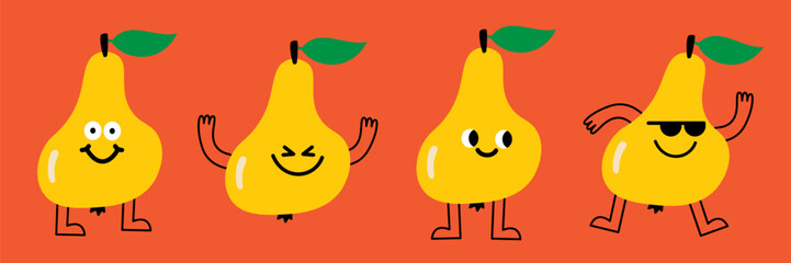 Fototapeta premium Funny and cute pear characters with different emotions. Playful fruit illustration