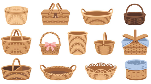 Set of different empty wicker baskets isolated on white background.