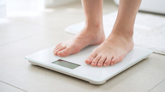 ダイエットのために体重計に乗る女性の足元と体調管理のイメージ