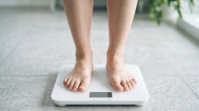 ダイエットのために体重計に乗る女性の足元と体調管理のイメージ