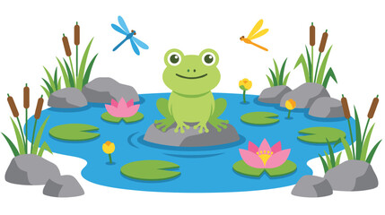 Cute cartoon frog sits on lily pad in pond with dragonflies. © SELINA