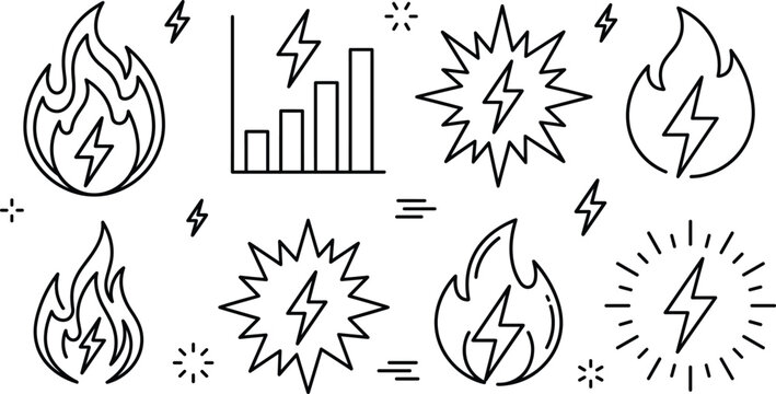 Energy power lightning icons set fire flame spark electricity bar chart thunderbolt burst flash line vector art illustration