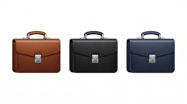 Premium briefcase icon set featuring three modern briefcase designs in brown, black, and navy colors, isolated on a white background for business and office projects.