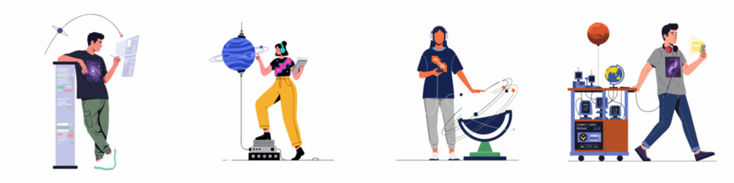 Vector illustration set of diverse young people exploring astronomy, science, and futuristic technology through interactive planetary models and digital data interfaces.