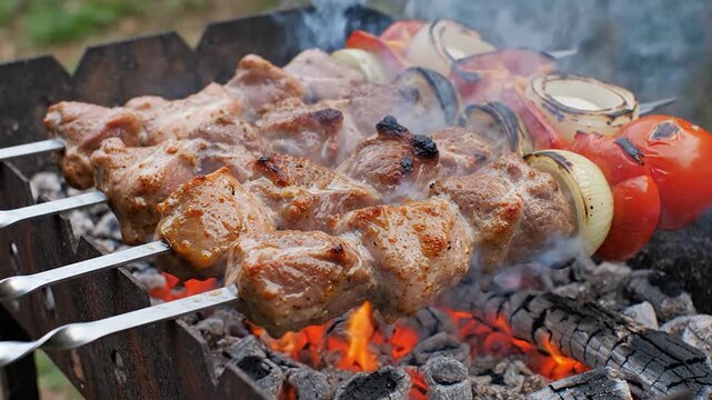 Juicy meat skewers grilling over hot coals on a metal brazier