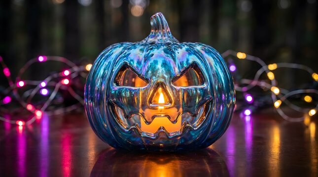 A glowing blue pumpkin lantern with a spooky face wishing everyone a very happy halloween celebration