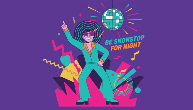 Energetic male disco dancer with an afro and star sunglasses moves under a glittering disco ball in a nightclub.