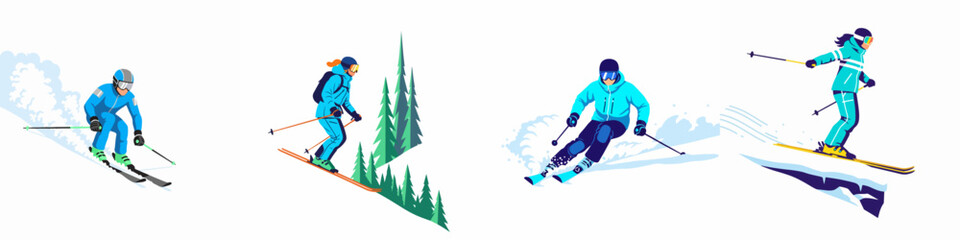 Fototapeta premium Set of vector illustrations featuring men and women skiing on snowy mountain slopes, capturing the excitement and energy of winter sports.