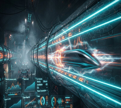 Hyperloop tube glows cyan levitation tracks orange pod propulsion coils