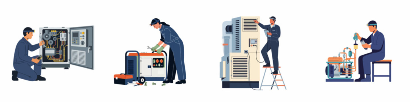 Flat vector illustrations of professional technicians performing maintenance, repairs, and inspections on industrial machinery, electrical panels, and portable generators.