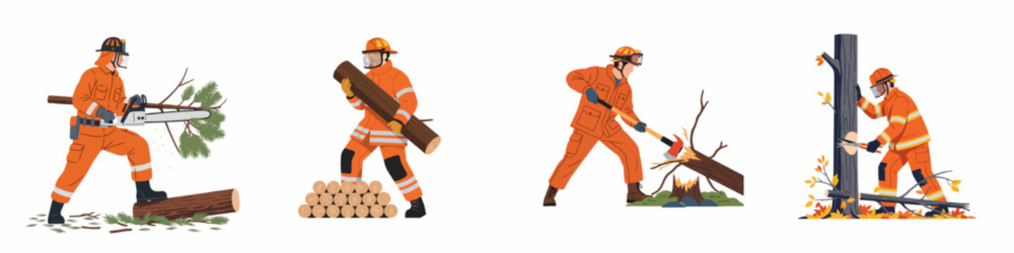 Vector set of firefighters in orange protective gear clearing fallen trees with chainsaws, axes, and shears for emergency response and fire prevention.