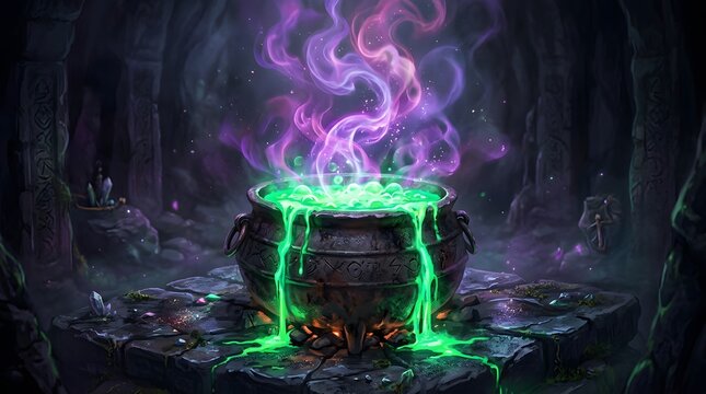 A magical witch cauldron with glowing green potion and purple smoke for a spooky happy halloween celebration background