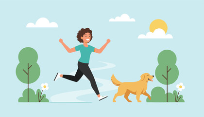 Fototapeta premium Energetic young woman with curly hair enjoys jogging with her friendly golden retriever dog in a green city park.