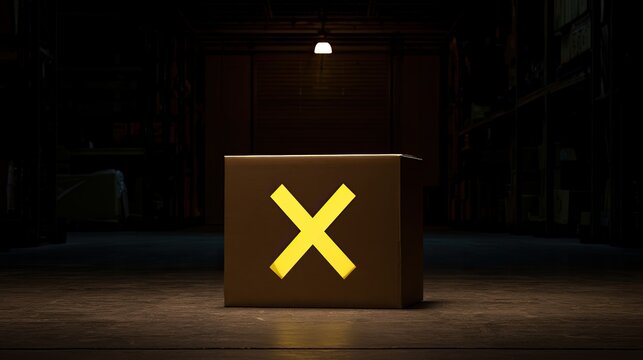 Illuminated dark warehouse with a glowing yellow cross on a central cubic pedestal
