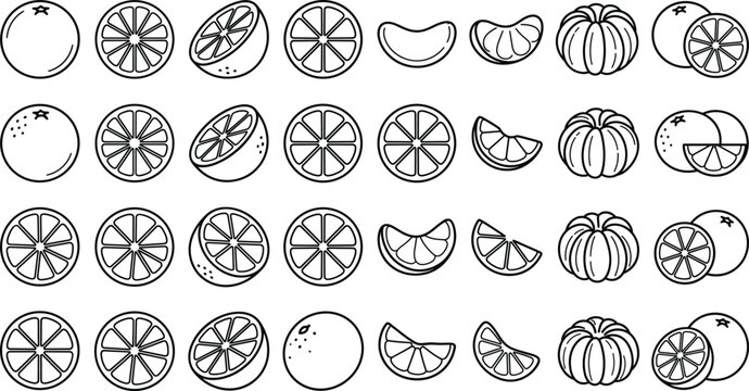 Orange citrus fruit icons set tangerine mandarin slice half whole piece lemon grapefruit lime pattern line vector