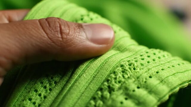 Close up of a hand touching green ribbed knit fabric
