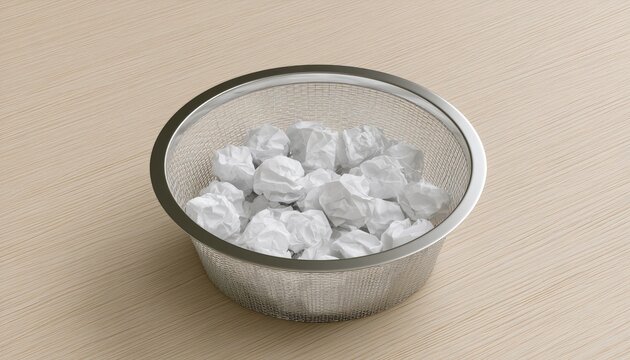 A metal sieve contains many crumpled white paper balls on a wooden surface