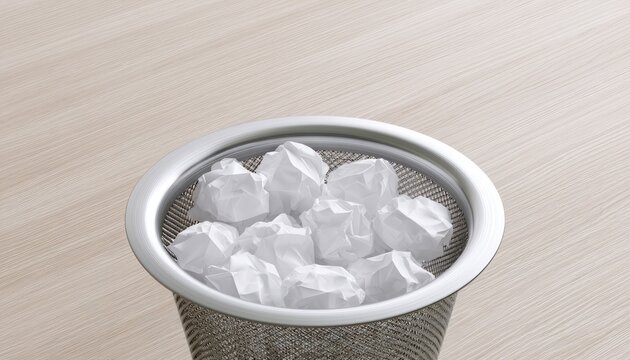 A silver-rimmed mesh container holds crumpled white paper on a wood grain surface