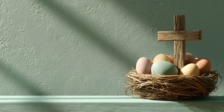 A rustic wooden cross standing inside a bird nest filled with colorful pastel Easter eggs against a soft textured green wall. Ideal for Christian Easter celebration concepts.