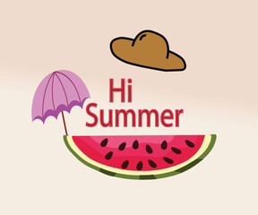 Summer greeting with watermelon slice umbrella and cloud vector illustration on pastel background © Md