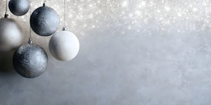 Elegant silver and white Christmas baubles hanging against a sparkling glitter background. Ideal holiday greeting card banner template with copy space for text.