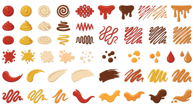 Assortment of colorful liquid sauces splatters drips and swirls patterns.