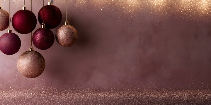 Luxury festive Christmas background featuring elegant burgundy and champagne rose gold baubles with copy space. Perfect for holiday greeting cards, winter sales, and seasonal banners.