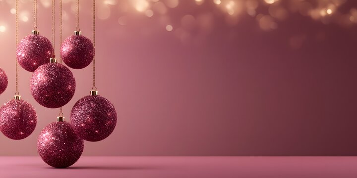 Luxury holiday background featuring glowing pink Christmas ornaments hanging against a soft bokeh light background with copy space. Perfect for festive cards and banners.