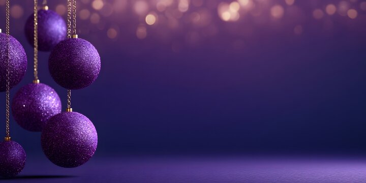 Elegant Christmas background featuring hanging purple glitter baubles with glowing golden bokeh lights and copy space. Perfect for holiday greetings and festive seasonal designs.