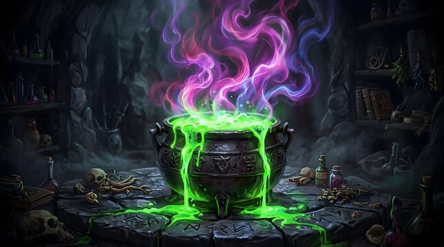 A magical bubbling witch cauldron with glowing green potion and purple smoke for a spooky happy halloween background