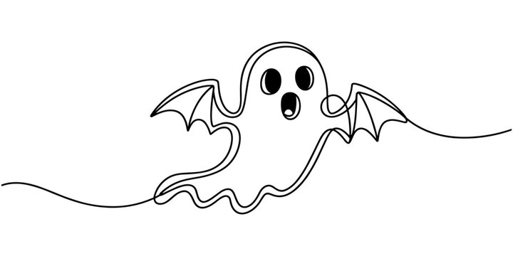 Continuous one line drawing of a surprised Halloween ghost with small bat wings