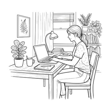 Woman Working On Laptop At Home Office