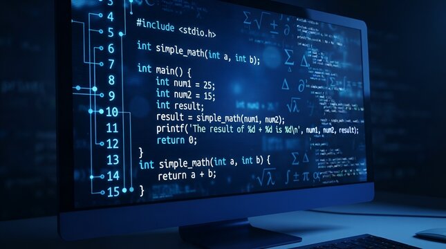 Computer monitor displaying complex c programming code with syntax highlighting on a dark screen, software development environment at night