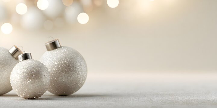 Elegant white glitter Christmas ornaments on a soft neutral surface with glowing warm bokeh lights in the background. Perfect holiday banner design with copy space.