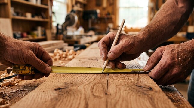 Craftsman marking exact measurements on timber with a pencil and tape measure