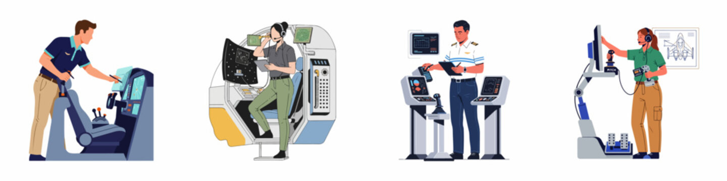 Set of illustrations depicting professional pilots and trainees using advanced flight simulators and aviation training equipment for cockpit instruction.