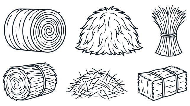 Hay and straw collection set with round bales haystacks and sheaves.