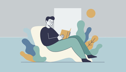 Fototapeta premium Relaxed young man sits comfortably in a lounge chair reading a book surrounded by soothing botanical plants and nature.