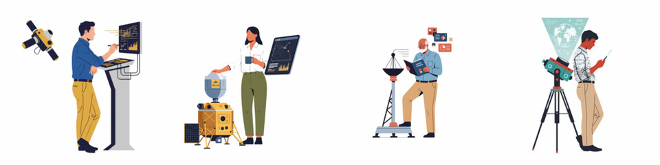 A collection of flat illustrations featuring scientists and engineers working with satellite technology, space rovers, and astronomical equipment for space exploration. © Muqodimatul