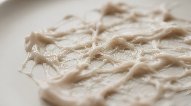 Close up of a thick white cosmetic cream spread on a smooth surface, showing sticky texture and viscous strands of skincare product sample