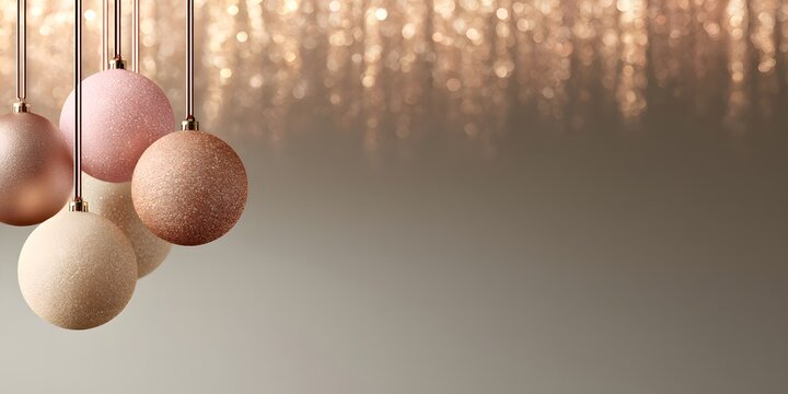 Festive hanging Christmas baubles with sparkling golden glitter bokeh background, ideal for holiday greeting cards, winter celebrations, and promotional banners.
