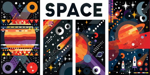 space themed vector illustrations with colorful retro design futuristic planets stars astronauts rockets galaxies cosmos artwork graphic poster science fiction exploration universe celestial © Rina