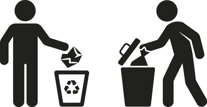 Stick Figure Trash Disposal Icon Set featuring person throwing rubbish into waste bin, litter disposal, recycling awareness, sanitation, public cleanliness, and black silhouette vector symbols.