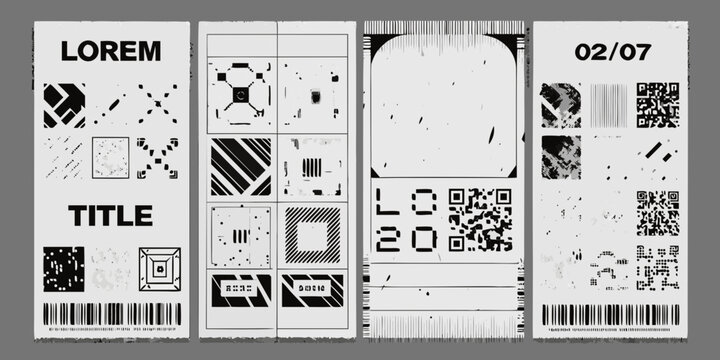 six vertical monochrome posters with abstract patterns and text elements barcode code grunge texture black white graphic design poster collection layout typography visual